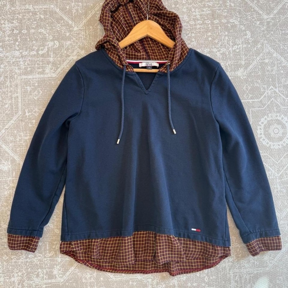 Tommy Hilfiger Denim Navy Plaid Hoodie Sweatshirt Women's XL Made in Indonesia - Picture 4 of 6
